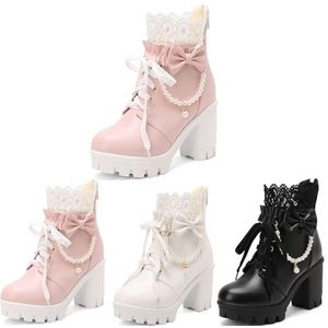 Japanse Enkellaarsjes Met Strikken Dames Veterlaarzen Met Parelketting Lolita Cosplay Ankle Boots PU Leren Laarsjes Met Blokhak 9 Cm Plateau Hoge Hakken For Feestjes(Pink,43 EU)