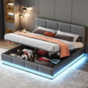 VSOGA Gestoffeerd bed 160 x 200 cm met LED, metalen lattenbodem en bedlade, tweepersoonsbed met in hoogte verstelbaar hoofdeinde van bekleding en hydraulische opbergruimte, grijs (matras niet