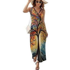 Kleurrijke Regenboog Levensboom Casual Maxi Jurk Voor Vrouwen V-hals Zomer Jurk Mouwloze Strand Jurk 2XL