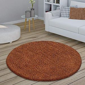 Paco Home Vloerkleed Woonkamer Rond Hoogpolig Shaggy Slaapkamer Wollig Modern Gang Uni, Maat:Ø 200 cm rondje, Kleur:Terracotta