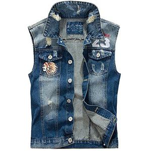 Jeansvest voor heren, jeansjack, zonder mouwen, jeansvest, slim fit, vest, rafelen, denim vest, blauw, XXL