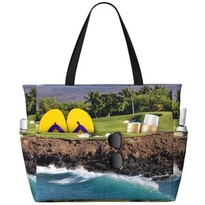 DJHVJS Bruine Beren gedrukt Grote Capaciteit Strand Reistas Dames Handtas Opvouwbare Strandtas, Hawaii Beach Golf Course, Eén maat