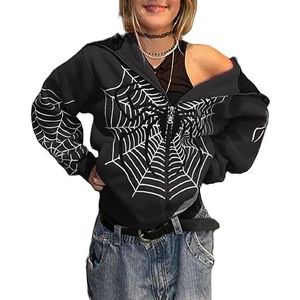 Fiauli Vrouwen Gedrukt Hoodie Hoodies Spider-Web Punk Jassen Streetwear Gothic Stijl Vintage Zip-up Hooded Jas Herfst Winter Kleding Spider Web, Zwart, L