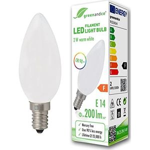 greenandco® CRI90+ LED lamp vervangt 20 Watt E14 kaars mat, 2W 200 Lumen 2700K warm wit 360° 230V AC glas, niet dimbaar, flikkervrij