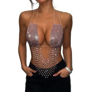 UERSJWYSO Sexy Visnettop met Strass-Steentjes Haltertopjes met Open Rug Glinsterende Rave-Party Crop Tops Tanktops En Clubwear voor Dames,Caramel,L
