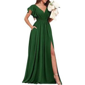 Chiffon bruidsmeisjesjurken voor dames, voor bruiloft, met split, avondgalajurken, cocktailjurken, grote maten, Emerald Groen, 32