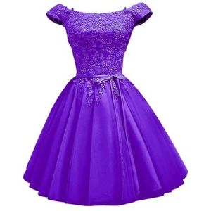 YIANN Off-shoulder satijnen thuiskomst jurken voor tieners met kanten applicatie mouwloze A-lijn baljurk korte galajurk, Paars, 32