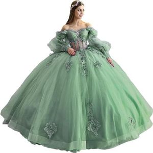 Fuomomo Quinceanera-jurk met 3D-bloemen, Quinceanera-jurk met pofmouwen, Quinceanera-jurk met staart, tule jurk met hartvormige hals MT046, Salie groen, 44