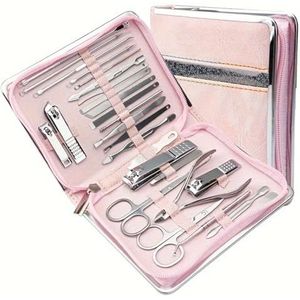 Manicureset, nagelknipperset, Set van 26 roestvrijstalen nagelknippers, veelkleurig, met koffer(Pink)