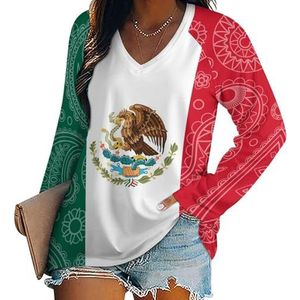 Mexicaanse paisley-vlag dames casual T-shirts met lange mouwen V-hals bedrukte grafische blouses T-shirt tops XL