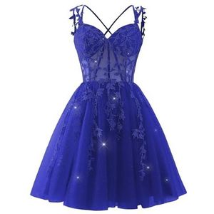 YIANN Kant Applique Tule Homecoming Jurken voor Tieners V-hals Backless Knielengte Cocktail Jurk Feestjurk, koningsblauw, 32