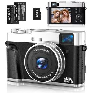 nezini Digitale camera, 4K 48MP UHD autofocus, fotocamera met 32 GB kaart, 16 x fotoapparaat met draaibaar dashboard en zoeker, compacte camera voor tieners, beginners, volwassenen