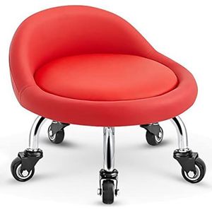 Rolstoel lage kruk, ronde kruk met wielen Leren zitkussen rugleuning, draaibare katrol lage kruk for manicureruimte, hurken for huishoudelijk werk, studio, loungeruimte (Color : Red)