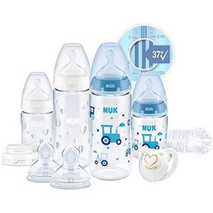 NUK First Choice+ Perfect Start Babyflessen Set Anti-colic babyflessen (2 x 150 ml & 2 x 300 ml), flessenborstel & meer | BPA-vrij | 0-6 maanden Met temperatuurregeling. blauw