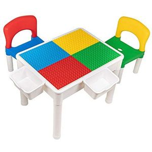 Decopatent - Kindertafel met 2 Stoeltjes - Speeltafel met bouwplaat en vlakke kant - 2 Bakjes - Geschikt voor Duplo Bouwstenen