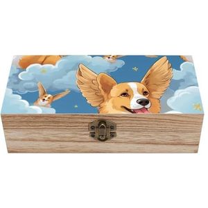 Corgi met vleugels hond houten kist decoratieve houten opbergdoos sieraden doos met scharnierend deksel