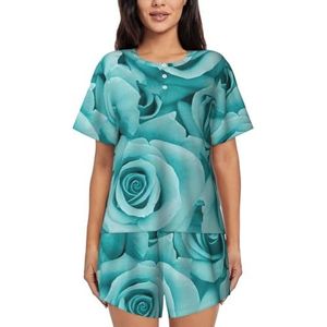 Turquoise Rose Print Womens Zomer Zachte Tweedelige Bijpassende Outfits Korte Mouw Pyjama Lounge Pyjama Sets, Zwart, L
