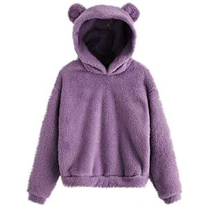 Vrouwen Casual Leuke Teddybeer Lange Mouw Fleece Trui Hoodie Top Zachte Fuzzy Fleece Sweatshirt (Purple B,XL)