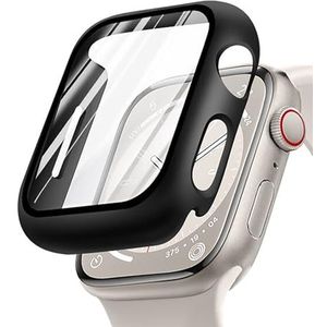 GIOPUEY [2 PACK] Hoesje compatibel met Apple Watch Series 9 41mm, glazen beschermfolie + harde plastic bezel cover - zwart+zwart