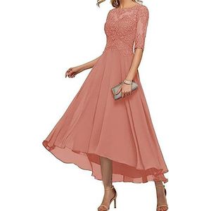 Kant Applicaties Moeder van De Bruid Jurk 3/4 Mouwen Theelengte Chiffon Formele Bruiloft Party Prom Jurken voor Vrouwen, Koraal, 50