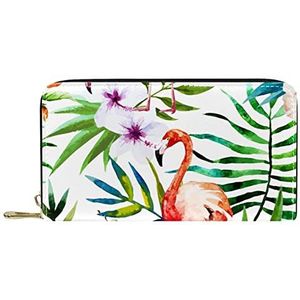 Portemonnee Lederen Lederen Rits Lange Portemonnee Tropisch Wit Blad Flamingo, Meerkleurig, 20.5x2.5x11.5cm/8.07x1x4.53 in, Klassiek