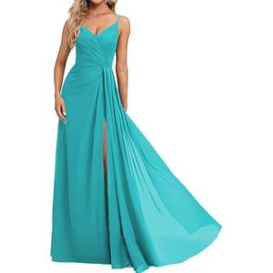 Prinses Bruidsmeisjes Jurken Spaghetti Bandjes Galajurken Chiffon Formele Avondfeest Maxi Jurk met Split ZM210, Aqua Blauw, 32