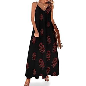 Rode zwarte draak dames zomer maxi-jurk V-hals mouwloze spaghettiband lange jurk