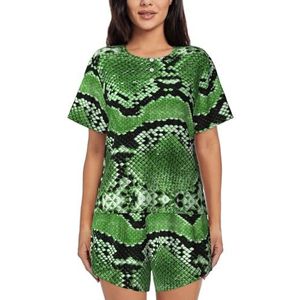 RIVETECH Groene pyjamaset met slangenhuidprint voor dames met korte mouwen - comfortabele korte sets, nachtkleding met zakken, Zwart, XL