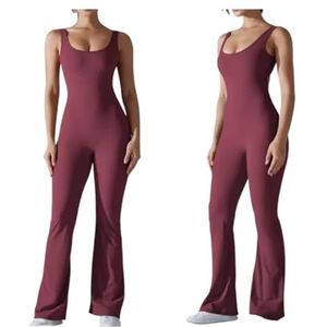 ROEUIPG 1 stuk jumpsuit voor dames, effen, zonder rug en lange heuplift, slimfit met brede pijpen, sportpak voor hardlopen en fitness, yoga-pak (rood, XL)