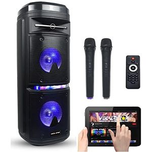 Vocal-star Draagbare karaokemachine met LED-lichteffect voor feestjes, Bluetooth, lage en hoge tonen, USB- en Aux-ingang voor MP3, 2 x 6,5 inch woofers, 200 W-luidsprekers en 2 draadloze microfoons