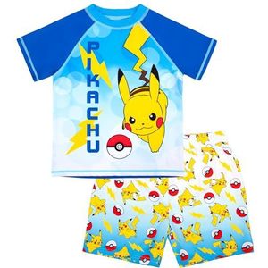 Pokemon zwemset voor jongens, 2-delig zwemshort & T-shirt, UV-zonwering, zwemkostuum voor jongens van 5-12 jaar, Blauw, 7-8 jaar