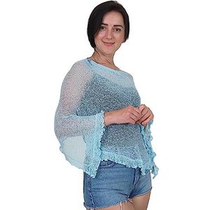 Mimosa Dames Plain Stretch Kant Visnet Bali Gehaakte Batwing Franje Kleine Poncho, IJsblauw, one size
