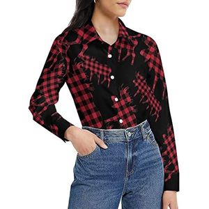 Plaid Moose houthakker Rood Zwart Dames Shirt Lange Mouw Button Down Blouse Casual Werk Shirts Tops XL
