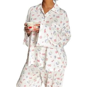 Zureto Pyjama met fruitprint, set met pyjamabroek en korte broek, dames, Y2k, set van 2 stuks, Wit Lang, L