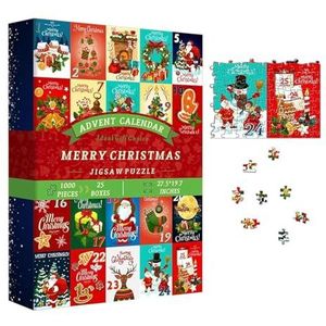 Zankie Adventskalender 2023 kerstpuzzel – Kerstman bereidt geschenken voor, 25 dozen met 1000 stukjes puzzels voor volwassenen en kinderen aftellen tot de kerstdecoratie