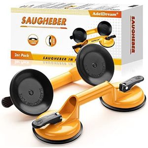 AdelDream Zuiglifter, glaszuiger, 2 stuks, zuignappen, tegels, vacuümlifter tegels, 120 kg draagkracht, voor het vervoer van tegels, laminaat, schijven en glas, als glaslift, geel, 32,5 cm x 12 cm x 7