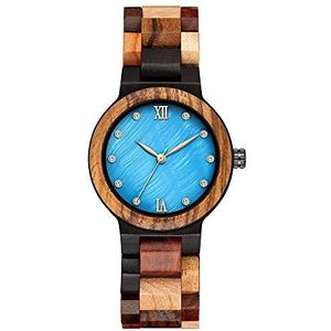 Houten polshorloge voor vrouwen, lichtgewicht vintage en parelmoer wijzerplaat horloge (blauw), armband