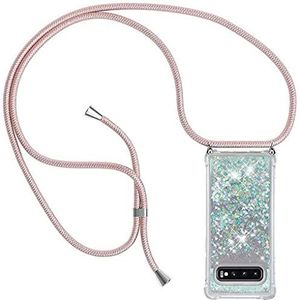 PekaTech Hoesje met Telefoon Ketting voor Samsung Galaxy S10 Hoes - Bling Drijfzandflits Telefoonhoesjes met Koord Transparant TPU Siliconen Case - Vloeistof Flash Cover met band Snoer, Zilver