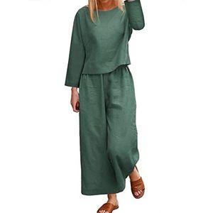 Sawmew Linnen Pak Elegant Vrijetijdspak Voor Dames Casual Topjes en Broeken Met Wijde Pijpen Tweedelig Pak Feestelijke Broek Pak 2-delige Set Effen Linnen Zomeroutfits