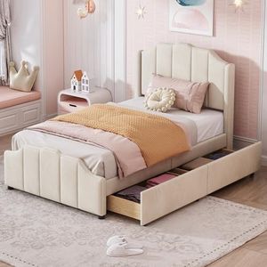 Aunvla Gestoffeerd bed, 90 x 200 cm, kinderbed, bedframe met 2 opbergladen met hoofdeinde, voeteneinde en lattenbodem, fluweel gevoerd tweepersoonsbed, jeugdbed, logeerbed, beige