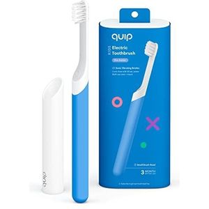 quip Elektrische tandenborstel voor kinderen - sonische tandenborstel met kleine borstelkop, reishoes en spiegelbevestiging, zachte haren, timer en rubberen handvat - blauw