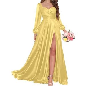 AHERKLL Bruidsmeisjesjurken met lange mouwen voor bruiloft, satijnen formele avondfeest, maxi-jurk met split HAH056, Geel, 34
