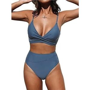 Bikiniset for dames, 2-delige badmode, kruis, gerimpeld, V-hals, hoge taille, push-up bikini, strandvakantie, damesbadpak(Gray-blue,XXL)