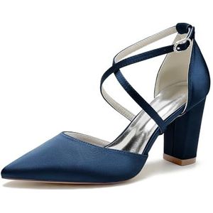 GHSIRUEU Hoge Hakken voor Vrouwen Gesloten Puntige Teen Hakken Sandalen Kruis Enkelband Pompen Satijn Bruiloft Dress Schoenen,Marine,36 EU