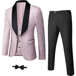 Heren 3-delige luxe smoking set jacquard slim fit sjaal revers jas vest en broek premium smoking voor mannen, Lichtroze, XXS
