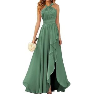Halter Prinses Bruidsmeisjes Jurken Geplooide Galajurken Ruche Chiffon Split Formele Avond Party Gown ZM212, Eucalyptus, 32