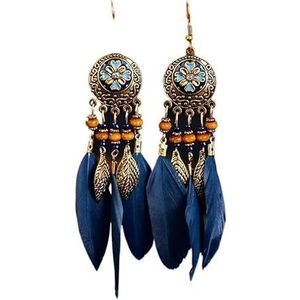 Lange veren oorbellen for vrouwen Trendy Boho Design moderne stijl gesneden blad Vintage Boheemse oorbellen met kwastjes (Color : Blue)