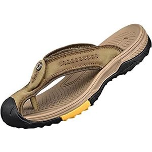 Mens gesloten teen flip-flop sandalen, outdoor lederen wandelslipper waterdichte zomer vissers strandschoenen (Color : Khaki, Size : 43 EU)