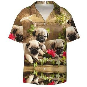 EdWal Puppys Mopshond Print Heren Korte Mouw Button Down Shirts Casual Losse Fit Zomer Strand Shirts Heren Overhemden, Zwart, XL