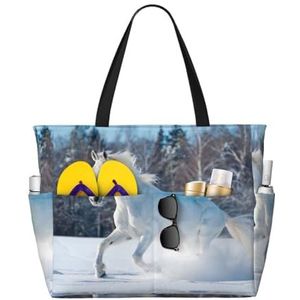 HDTVTV Wit paard in de winter, grote strandtas schoudertas voor dames - draagtas handtas met handgrepen, zoals afgebeeld, Eén maat